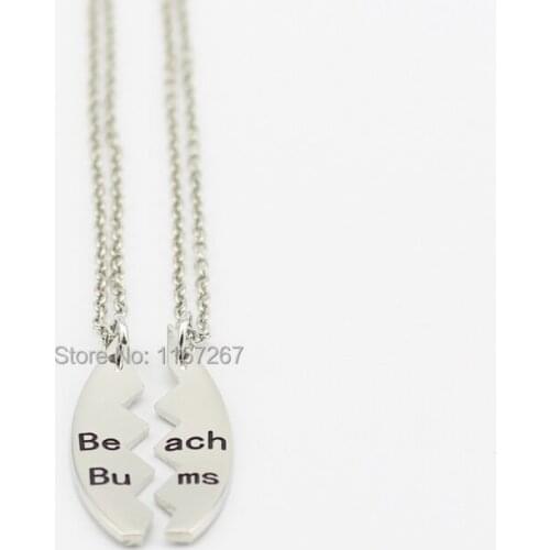 2014 new style broken Surf board 2 parts silver Letter "Beach Bums" pendant necklace best friend forever necklace (2 pcs 1 set)