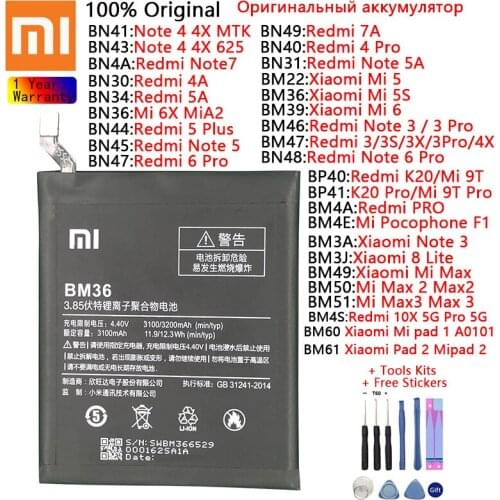 Original Battery for Xiaomi Mi Redmi Note Mix Max 2 3 3S 3X 4 4X 4A 5 5A 5S 5X 6 6A Mi6X 7A 8 9 9T 9S K20 Pro Plus Batteries
