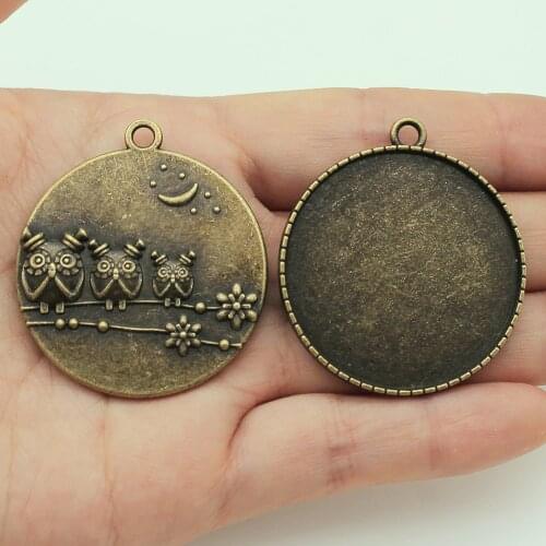 WYSIWYG 3pcs 35mm Round Inner Size Owl Back Style Cabochon Base Setting Antique Bronze Color For Jewelry Making Jewelry Findings