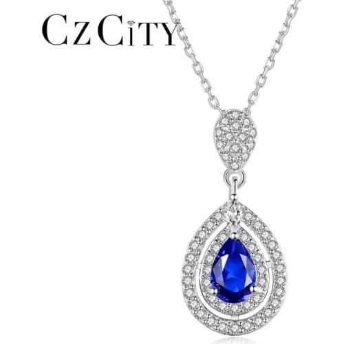 CZCITY Water Drop Shape Pendant Necklace 925 Sterling Silver Sapphire Blue Stone Fine Jewelry for Women Christmas Gifts SN612