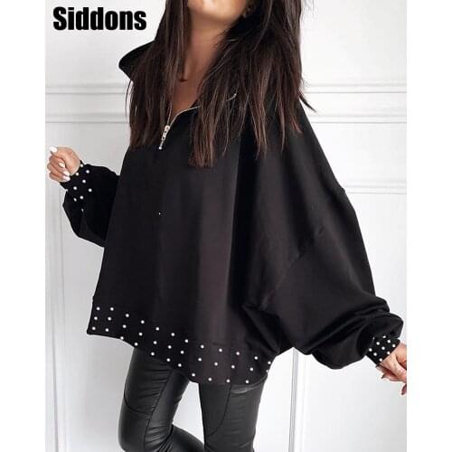 Casual Outfits Women Town Down Collar Zipper Lantern Sleeve Beaded Blouse Top