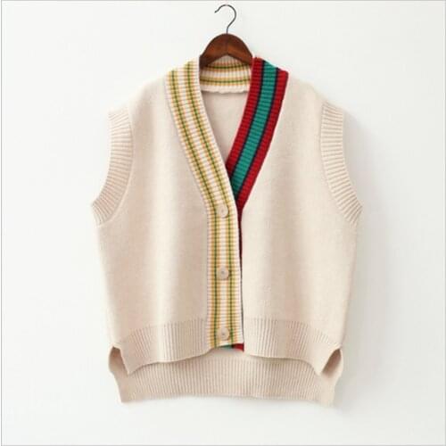 Urifens 2021 Female Fashion Loose Vest V-neck Button Sweater Open Stitch Casual Striped Cardigan Sweater X0024