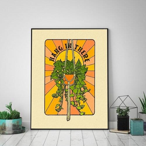 Boho Hang in There Quote Art Print Green Plant Sunshine Vintage Inspired Art Canvas Painting 70s Wall Picture for Living Room