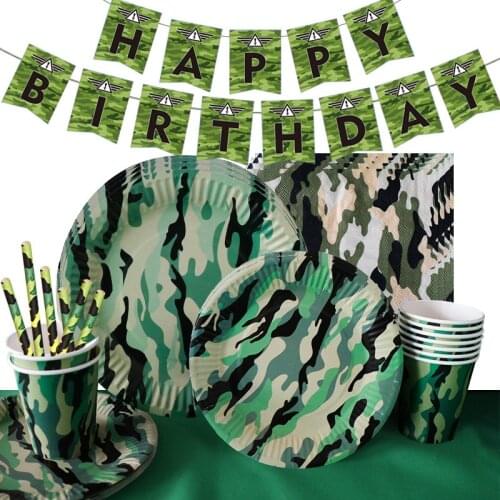 Army Green Camouflage Disposable Tableware Military Theme Paper Plates Cups Napkins Kids Birthday Party Supplie