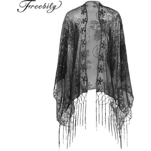 Womens Elegant Shawl 160 x 60cm Vintage 1920s Glittering Scarf Mesh Sequin Wedding Cape Fringed Party Evening Dress Shawl Wrap