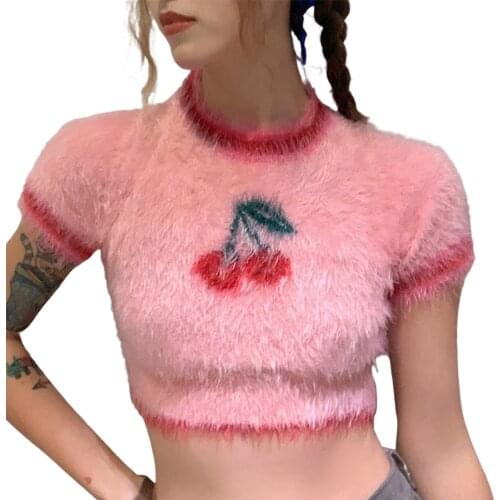 Womens Casual Short Sleeve Round Neck T-shirt Fashion Cherry Pattern Exposed Navel Knitted Pullover Tops