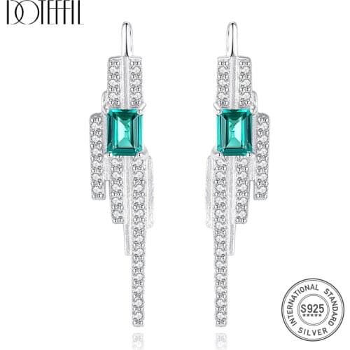 DOTEFFIL 925 Charms Sterling Silver Square Emerald Blue-Green Gemstone with Tiny CZ Stud Earrings for Women Fine Jewelry Party