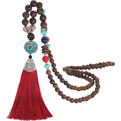 Womens Bohemian Pendant Tassel Sweater Chain Hand-Made Wooden Bead Necklace Handmade String Wooden Beads Long Necklace Bijoux