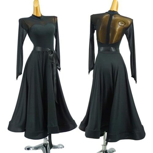 New Ballroom Dance Dress Women Waltz Tango Long Black Dress Mesh Sleeves Performance Suit Standard Robe Femme Free Shipping 1586