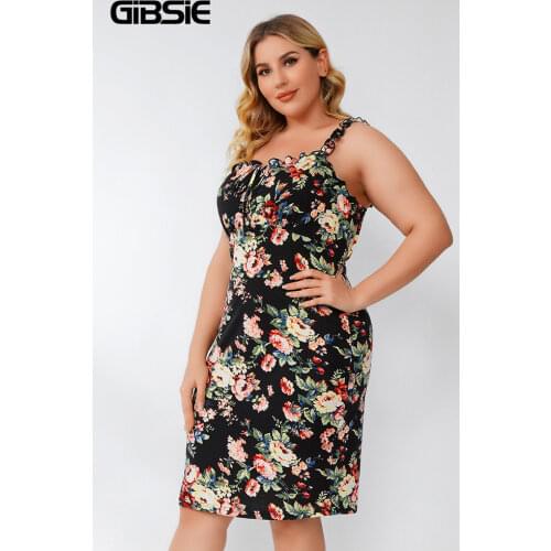GIBSIE Plus Size Floral Print Tie Front Spaghetti Strap Dress Women Boho Beach Casual Summer Slim Fit Bodycon Dresses 4xl xxxl
