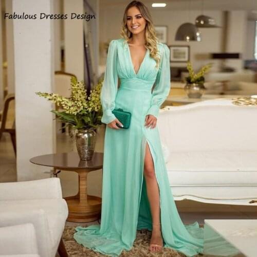 2021 Mint Long Sleeve Evening Dresses Sexy V-neck Backless Split Long A-line Prom Dress Sweep Train Robe De Soiree De Mariage