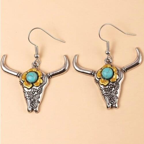 2021 Wholesale New Arrival Distressed Turquoise Bull Head Horn Earrings Domineering Punk Earrings