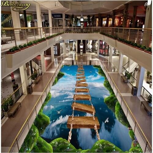 Beibehang 3d flooring Lawn Cliffs Blue Sky White Clouds Suspension Wooden Walkway Hall 3D Floor pvc wallpaper 3d Home Decoration