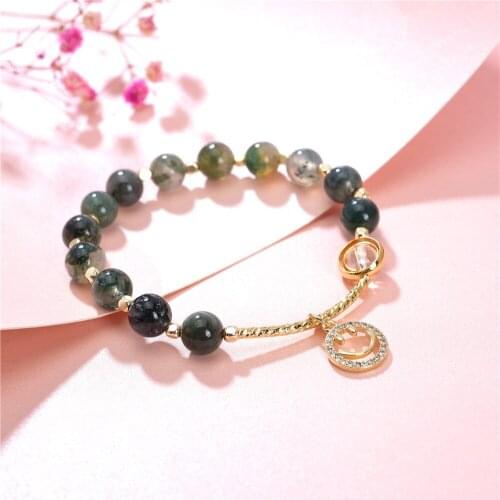 Bohemia New Natural Stone Green Agates Bracelet Jewelry Gift for Women 8mm Round Beads Exquisite Pendant Chain 7.5inch Y969
