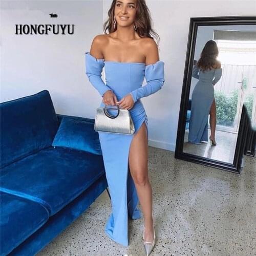 Hongfuyu Sexy Mermaid Prom Dress Fashion Full Sleeves Split Evening Gown Robe de Soiree Formal Banquet Party Dresses