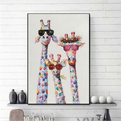 Art Colorful Oil Animal Giraffe A family With Glasses Painting Canvas Picture Canvas Printings wall Art For Bedding Room