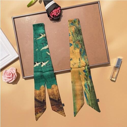 Chinese style bag scarf crane luxury brand women scarf tied bag handle ribbon twill satin cloth turban girls hair band G42