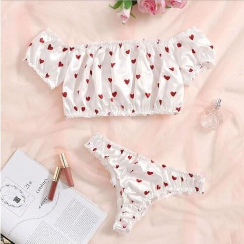 Women Sexy Lingerie Set Heart Print Off Shoulder Crop Tops + Low Waist Panty Perspective Ladies Satin Exotic Set Nightwear