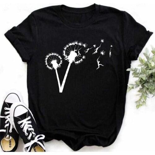 Summer Women Dandelion Printed T Shirt Loose Plus Size Female Shirts Casual Short Sleeve T-shirt Top Black Fashion O-neck Tees
