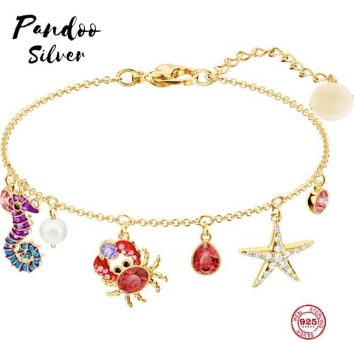 Fashion Charm Pure 925 Silver Original 1:1 Copy, Marine Life Crab Hippocampus Star Wild Bracelet Female Luxury Jewelry Gifts