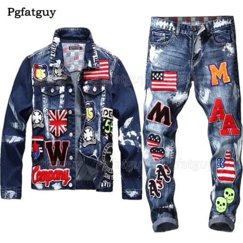Embroidery Patch Design Jacket Jeans 2 Piece Set Mens Multi-badge Skull Jeans Sets Slim Denim Jacket + Flag Badge Paint Jeans
