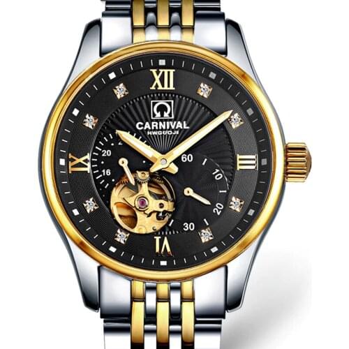 Carvinal Mens Business Waterproof Steel Watchband Automatic Self-Wind Mechanical Watch Wristwatch - gold bezel black dial
