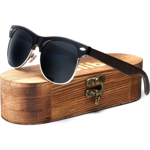 Ablibi Bamboo Wood Sunglasses with Polarized Lenses Unique Men Semi Rimless Sun Glasses UAV UAB Protective with Wood Shades Case