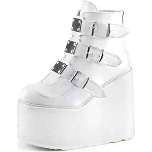 Autumn Buckle Women Ankel Boots Female Platform Punk Booties Wedges High Heels Fashion Back Zip Sneakers Botas Mujer Black White