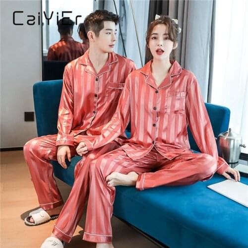 CAIYIER Couples Pajamas Set Women Men Silk Satin Sleepwear Long Sleeve + Pants Nightwear Casual Winter Stripe pyjama Loungewear