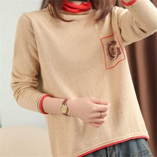 Casual Turtleneck Sweater Woman Autumn Winter Knitting Pullovers Long Sleeve Contrast Cotton Women Sweater Loose Women Jumper