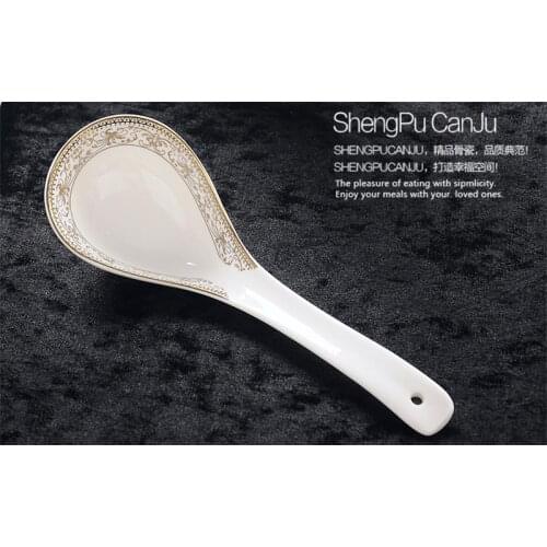 Golden striped painting, bone china big long handled spoon, soup ladle, chinese cooking tools, for party serving