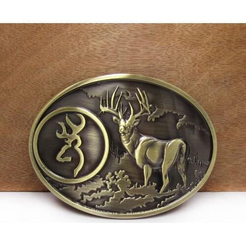 BuckleClub wholesale zinc alloy browning deer belt buckle jeans gift belt buckle FP-02516 antique brass finish 4cm width loop