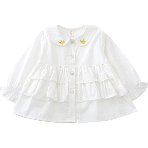 Shirt Spring Baby Girls Pure Color Cotton Blouse Lnfant Crown Pattern Embroidery Round Collar Cute Comfortable Full Sleeve