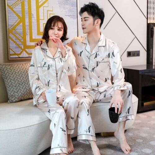 FZSLCYIYI Printed Couple Silk Satin Pajamas Long Sleeve Sleepwear Pijama Pyjamas Suit Women Men Sleep 2PC Set Loungewear