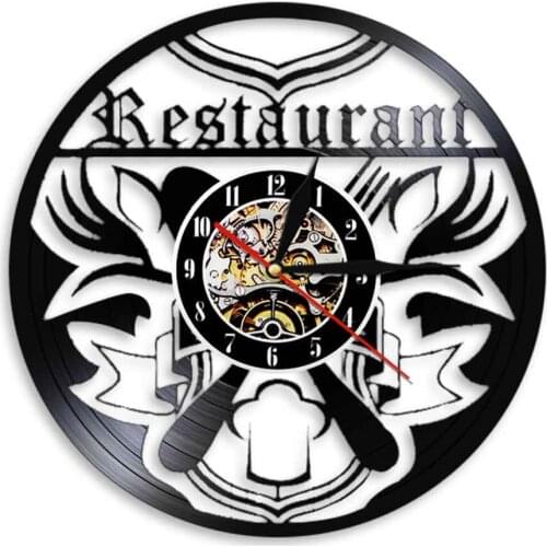 Knife Fork Vinyl LP Record Wall Clock Modern Design Restaurant Food Time Clocks LED Light Chef Timepiece Kitchen Decorative