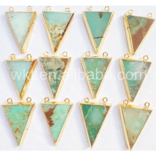 WT-P645 Wholesale double hoops natural Chrysoprase stone pendant ,triangle shape raw chrysoparse stone pendant for women