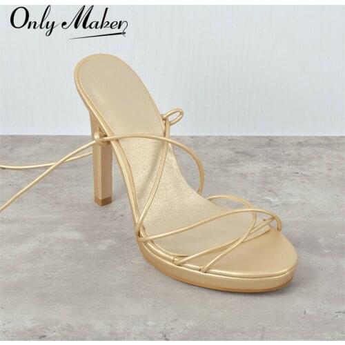 Onlymaker Summer Platform Lace-Up Sandals For Women Round Toe Gold Narrow Band Ankle Cross Strap Chunky High Heels Shoes Concise