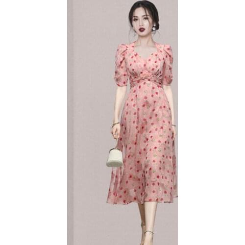 ZAWFL Women Long Dress 2021 Summer Floral Print Cotton A-line Mid-calf V-Neck Short Puff Sleeve Dress Vestido Feminino