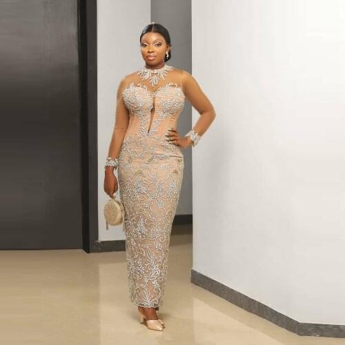 Luxury Crystals Lace Evening Gowns Long Sleeves Sheer Tulle Mermaid Beaded Custom Made O Neck Prom Party Dress