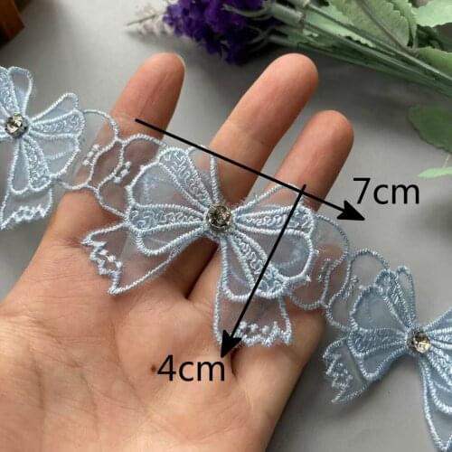 10X Blue Lace Trim Ribbon Mesh Bowknot Rhinestones Embroidered Patches Applique Fabric DIY Wedding Dress Sewing Supplies 7 CM