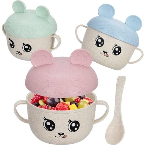 2Pcs/Set Baby Feeding Food Tableware Wheat Cartoon Kids Dishes Children Eating Dinnerware Set Anti-hot Plate Training Bowl+Spoon