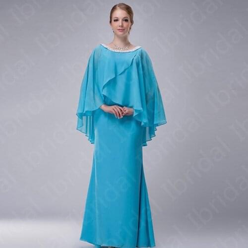 2021 New Arrival Aqua Chiffon Mother of the Bride Dresses with Shawl Beaded Jewel Neckline Wedding Party Dresses Zipper Back