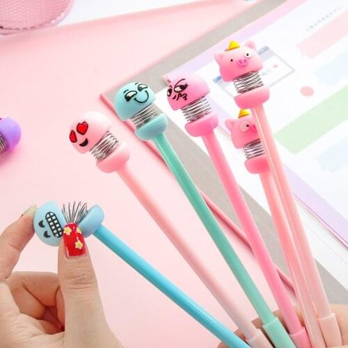 24pcs creative cartoon spring pig gel pen decompression shake head expression pen funny fountain pen