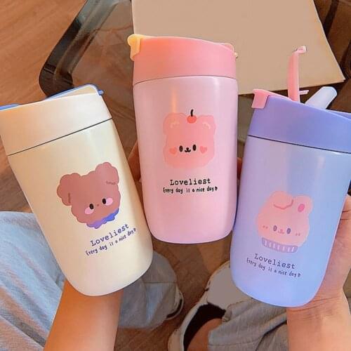 500ml Water Bottle Built-in Straw Large Capacity Stainless Steel Vacuum Insulated Drink Bottles Cute Candy Mini Thermos Cup