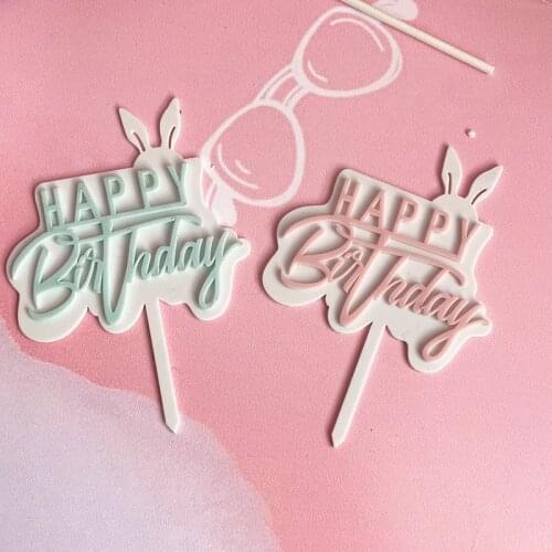 Acrylic Happy Birthday Cake Toppers Cute Pink Rabbit Acrylic Cupcake Topper For Kids Baby Girls Birthday Party Cake Decorations