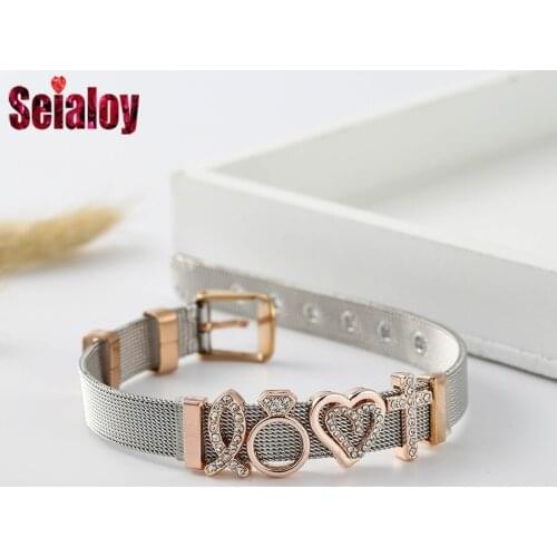 Seialoy New Two Colors Stainless Steel Strap Bracelet For Women Men Rose Gold Heart Cross Beating Heart Bead Bangle Jewelry Gift