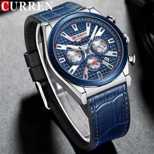 CURREN New Man WristWatch Chronograph Sport Men Watch Military Army Top Brand Luxury Silver Blue Genuine Leather Male Clock 8392