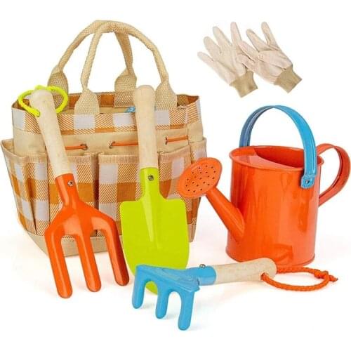 Children Gardening Tools Set 5 PCS Kids Garden Tool Toys Including Watering Can Shovel Rake Trowel Glove Garden Toe Bag