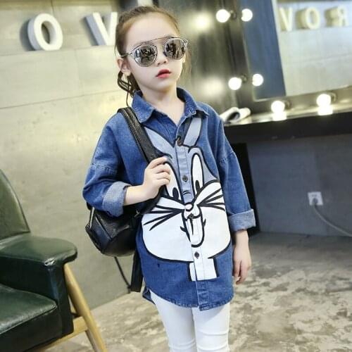 Long-sleeve Kids Shirt Children Fashion Long Blouse Denim Cartoon Baby Girls Clothes