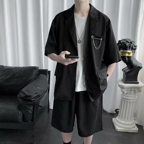2-piece Suit 5-point Sleeve Jacket Thin Loose Solid Color Short Sleeve Shorts Chain Tops Pants Casual Streetwear Tracksuit Men